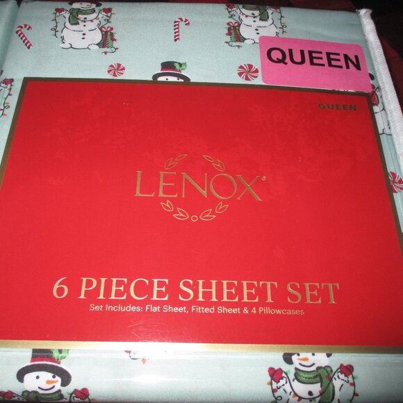 NWT QUEEN Size Sheet Set 6-pc Lenox Snowman Christmas Peppermint Candy Cane - Picture 2 of 4